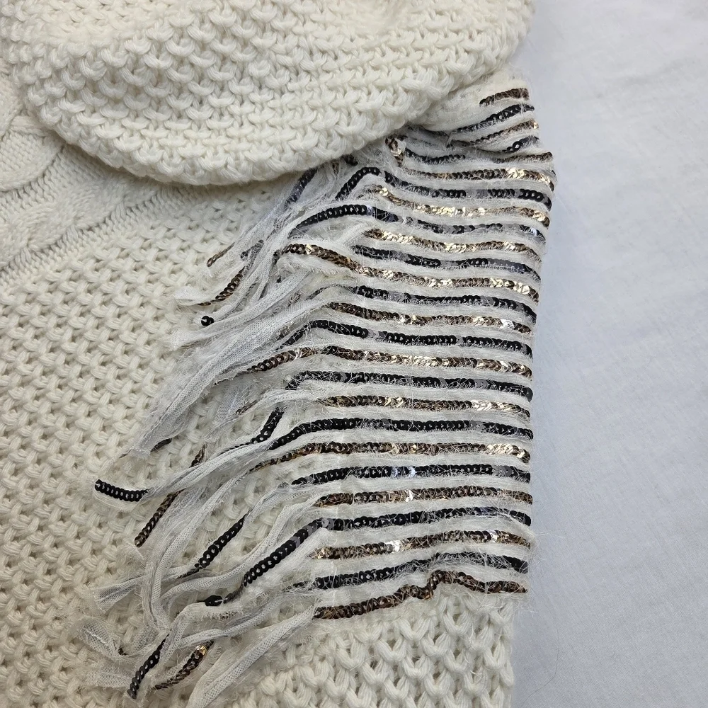 NWT Twinset‎ Milano Fringe Knit Sweater M Ivory Chunky Cable Knit Cowl Neck